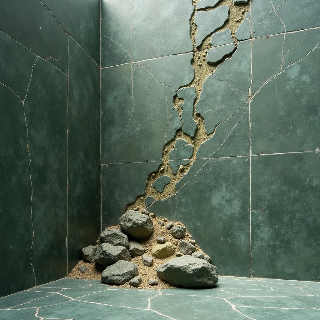 The scene depicts a corner formed by two walls covered in dark green tiles exhibiting a network of cracks. A jagged fissure extends from high on one wall down to the floor, where a pile of rough-textured rocks and sand accumulates. Light appears diffused and even, casting minimal shadows and highlighting the contrast between the smooth tile surfaces and the irregular debris below.