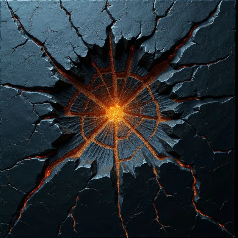 A dark, textured surface of fractured grey stone radiates outward from a central glowing orange core. Jagged cracks spread across the composition in a radial pattern, revealing molten light within the deep crevices. The spatial relationship creates a sense of depth as the bright, luminous center appears to recede into or erupt from the heavy, matte material.