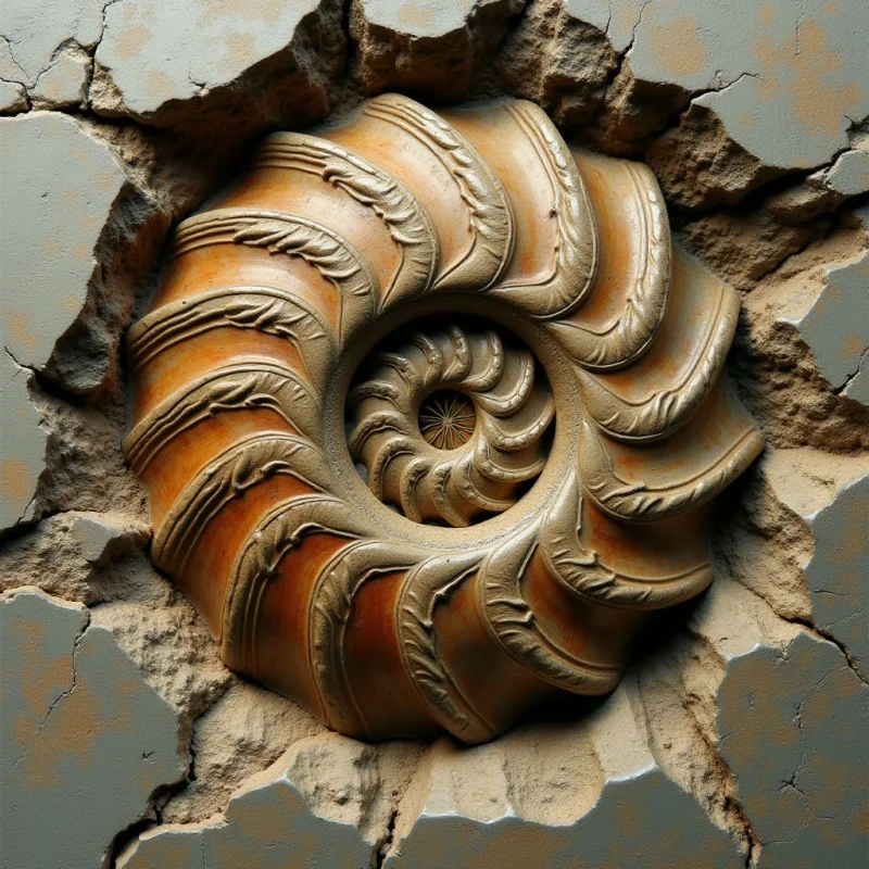 A spiraling ammonite shell in shades of tan and ochre is embedded within a jagged, crater-like opening in a grey, cracked surface. The shell features deep ridges and smooth, curved textures that contrast with the coarse, granular edges of the surrounding rupture. Light strikes the relief from above, casting soft shadows into the spiral's center and emphasizing the three-dimensional depth of the object against the flat background.