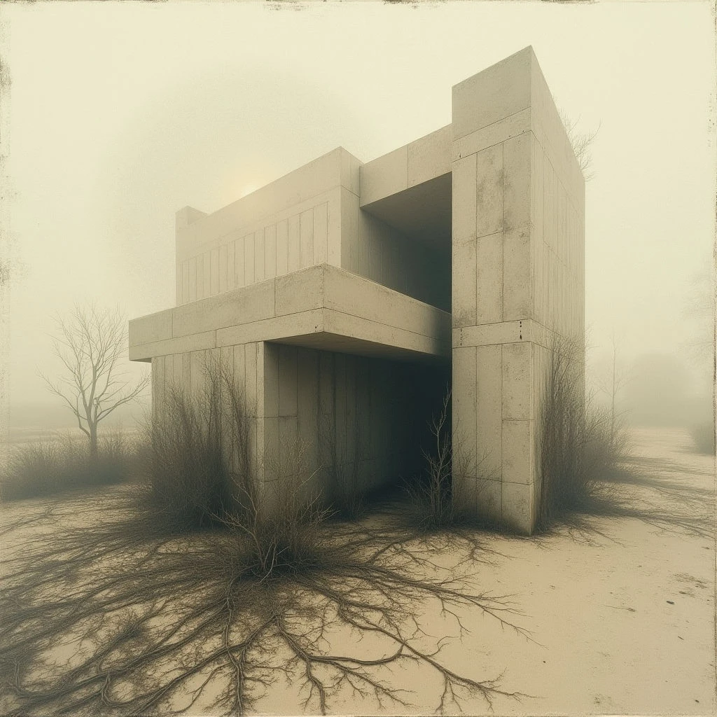 A stark, concrete building stands isolated in a desolate landscape shrouded by thick fog. Tangled roots creep across the sandy ground and climb up the supports of the structure, suggesting decay or being reclaimed by nature. The overall tone is bleak and quiet, with a sense of abandonment and stillness.