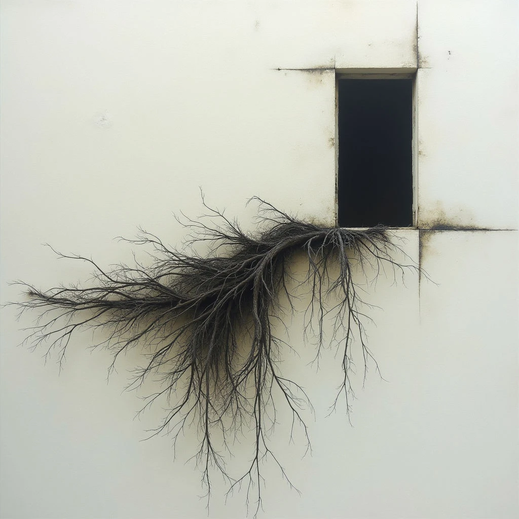 A stark white wall features a dark, rectangular opening cut into its surface. Tangled, leafless branches spill out from around the top of the hole, appearing to grow organically across the smooth plane. Dark staining radiates outwards from the opening and roots, contrasting with the clean simplicity of the surrounding wall.