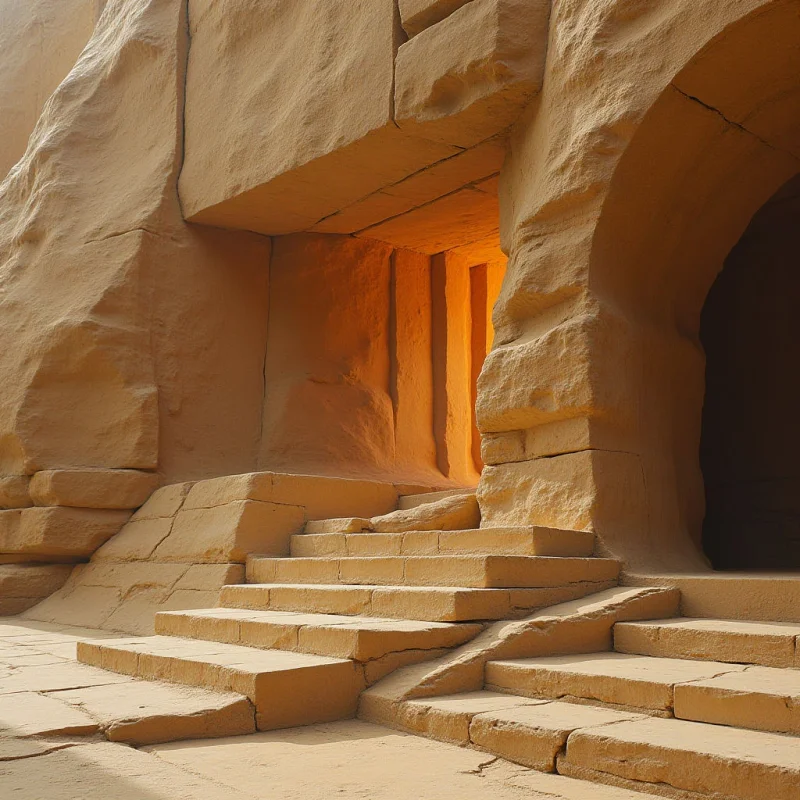Monochromatic shades of sandy ochre and warm beige define this stone structure, which features rough, weathered textures and heavy, blocky shapes. Bright sunlight illuminates the exterior surfaces and spills into an alcove, creating a high-contrast glow against deep shadows within the arched openings. The composition is built on tiered stone steps that lead upward toward recessed rectangular and arched spaces carved into the massive rock face.