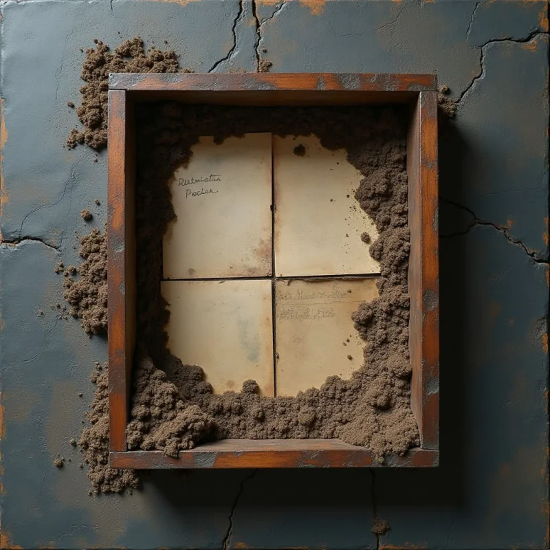 A dark wooden square frame is set against a cracked, slate-blue textured surface, with clumps of coarse brown earth spilling over the edges and into the center. Inside the frame, four cream-colored rectangular tiles are arranged in a grid, partially obscured by the irregular mounds of soil. Soft, even light illuminates the scene, highlighting the contrast between the smooth paper-like tiles and the gritty, granular texture of the dirt.