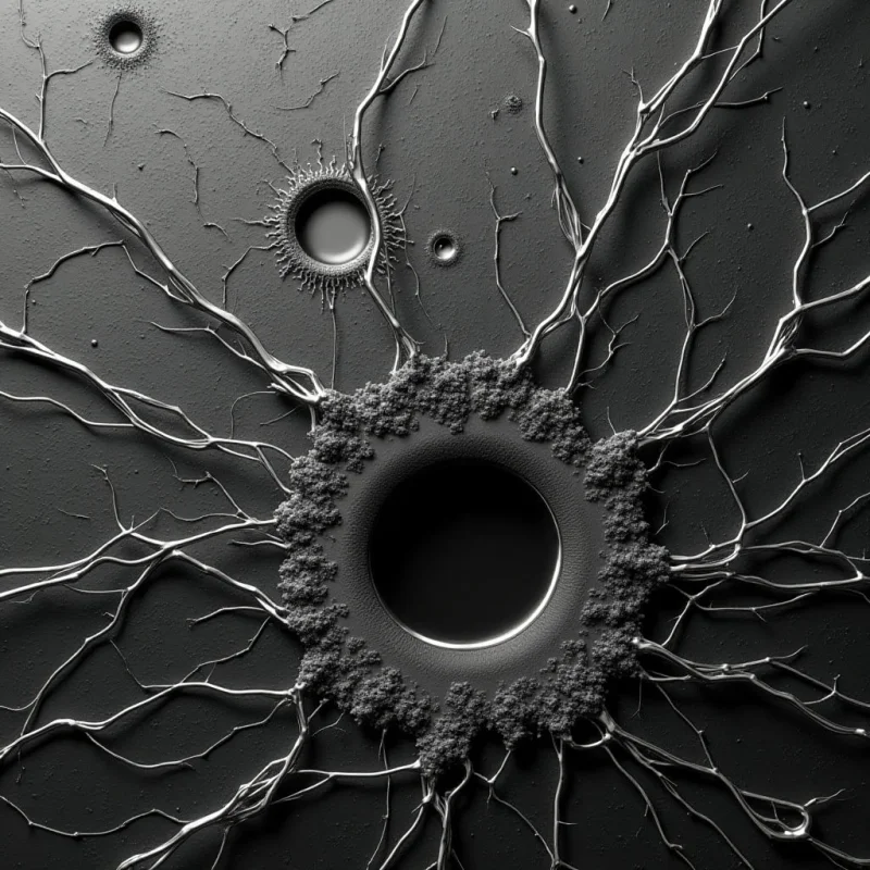 A monochromatic grayscale palette features a large central dark circle surrounded by smaller circular voids of varying sizes. Thin, branching white lines radiate outward from the center like delicate veins or cracks against a smooth, matte gray background. The composition relies on high contrast between the deep black voids and the bright, textured filaments that create a sense of organic expansion across the flat plane.