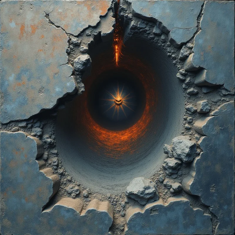 A large, jagged hole breaks through a textured gray stone surface, revealing a deep circular tunnel that recedes into darkness. Glowing orange light radiates from the center of the void, casting warmth against the rough, granular interior walls and scattered debris. The composition centers on the contrast between the cool, matte exterior and the bright, fiery depths of the pit.