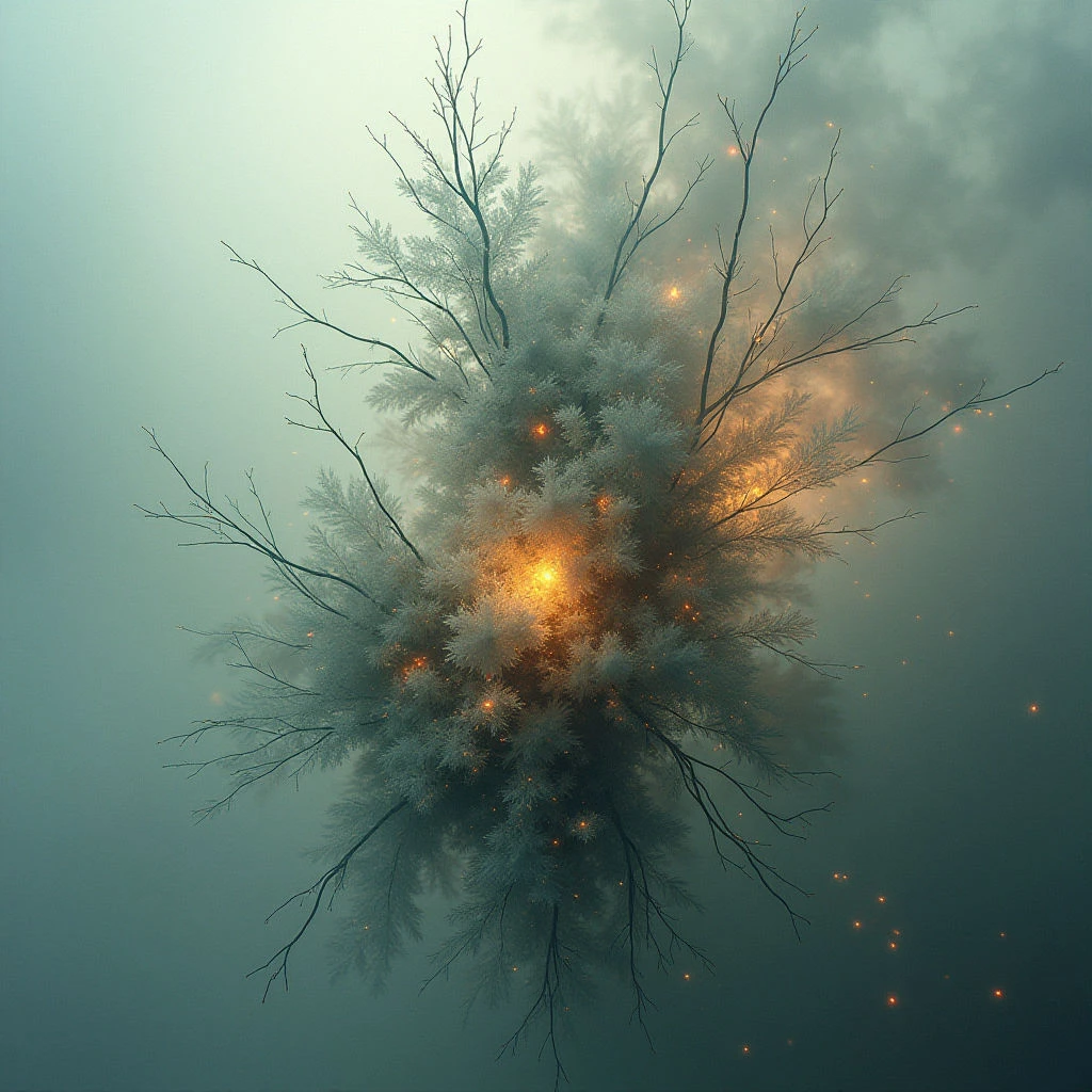 A dense, spherical mass of pale branches and foliage glows with an internal warmth against a muted green backdrop. Bright sparks emanate from the center of the form, suggesting energy or decay within its core. The overall effect is ethereal and slightly unsettling, like a blooming explosion contained in natural shapes.