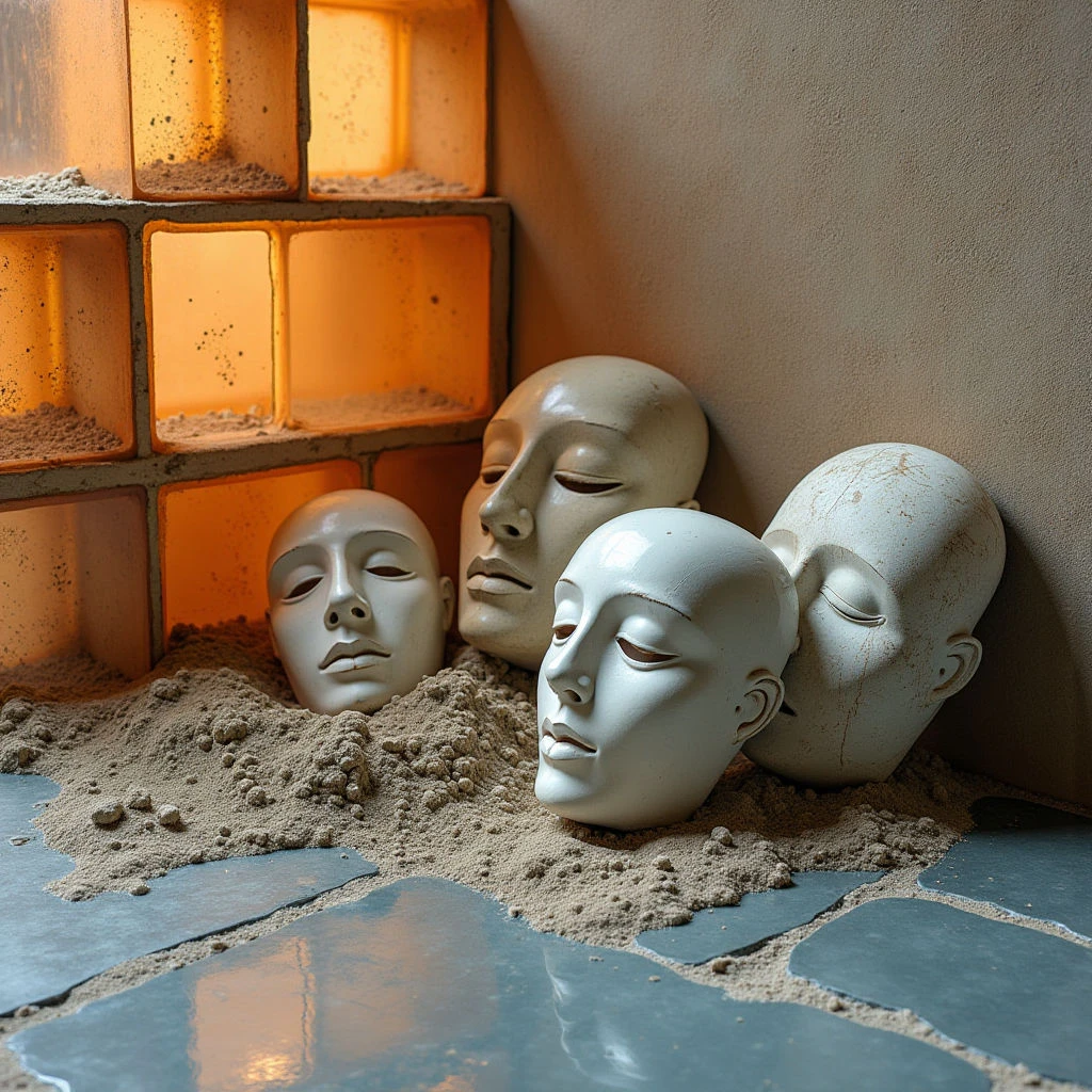 The scene features four pale, smooth plaster heads partially submerged in a mound of coarse sand against a corner formed by two walls. Warm orange light emanates from behind translucent blocks set into the left wall, contrasting with the cooler gray tones of the floor and right wall’s textured surface. The heads are clustered together, varying in angle and position within the sand pile, creating overlapping shapes and shadows that define their forms.