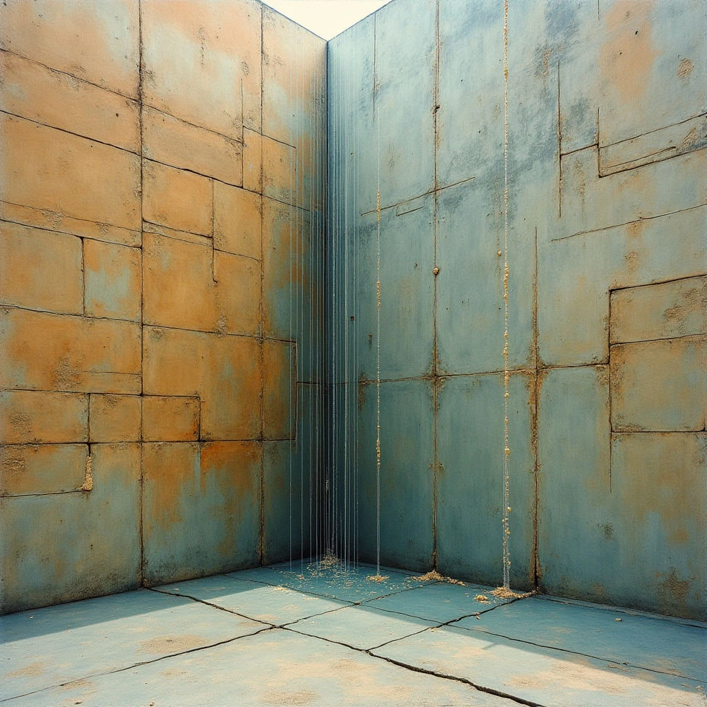 The image depicts a corner formed by two large, textured walls in shades of ochre and teal. Rectangular panels compose the wall surfaces, with visible seams and variations in color suggesting weathering or staining. Thin strands descend from the intersection of the walls, falling towards a flat, tiled floor that recedes into the space, illuminated by soft ambient light creating gentle shadows.