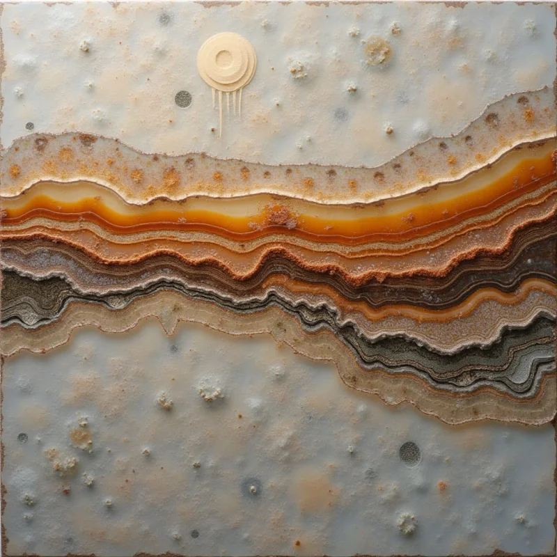 The image features layered bands of color ranging from pale greys and browns to rich amber tones, creating a horizontal stratification across the composition. A rough, uneven texture is present throughout, with raised ridges and small granular formations visible on all surfaces. Light appears diffuse, highlighting the variations in material depth and casting subtle shadows within the layers; a circular form with trailing elements floats above the central bands.