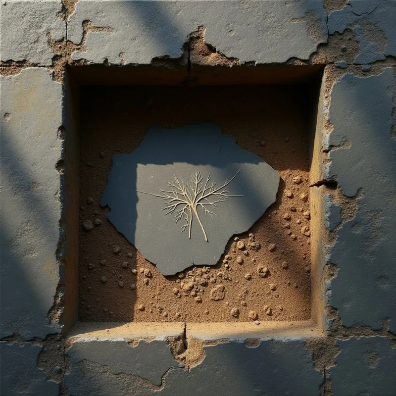 A central, irregular dark gray shape featuring a thin, branching tree motif is set within a recessed square cavity filled with coarse, sand-colored granules. The composition uses a palette of muted grays and earthy ochre tones, characterized by rough, cracked textures on the outer frame. Strong directional light creates sharp diagonal shadows that divide the scene into bright and shaded sections.