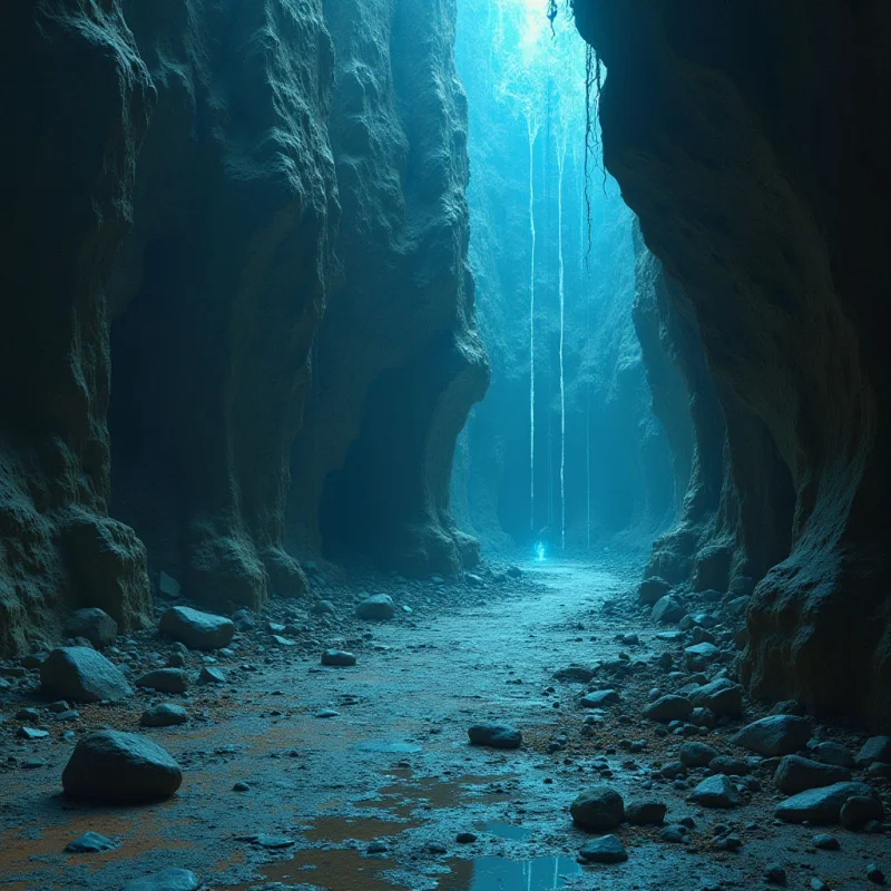 A narrow canyon is defined by towering, textured rock walls in shades of deep blue and muted tan that frame a central path of scattered stones and puddles. Vertical streaks of light descend from an unseen opening above, illuminating the misty atmosphere and casting a cool, cyan glow throughout the space. The composition emphasizes depth through the receding perspective of the rocky corridor leading toward a bright, ethereal focal point in the distance.