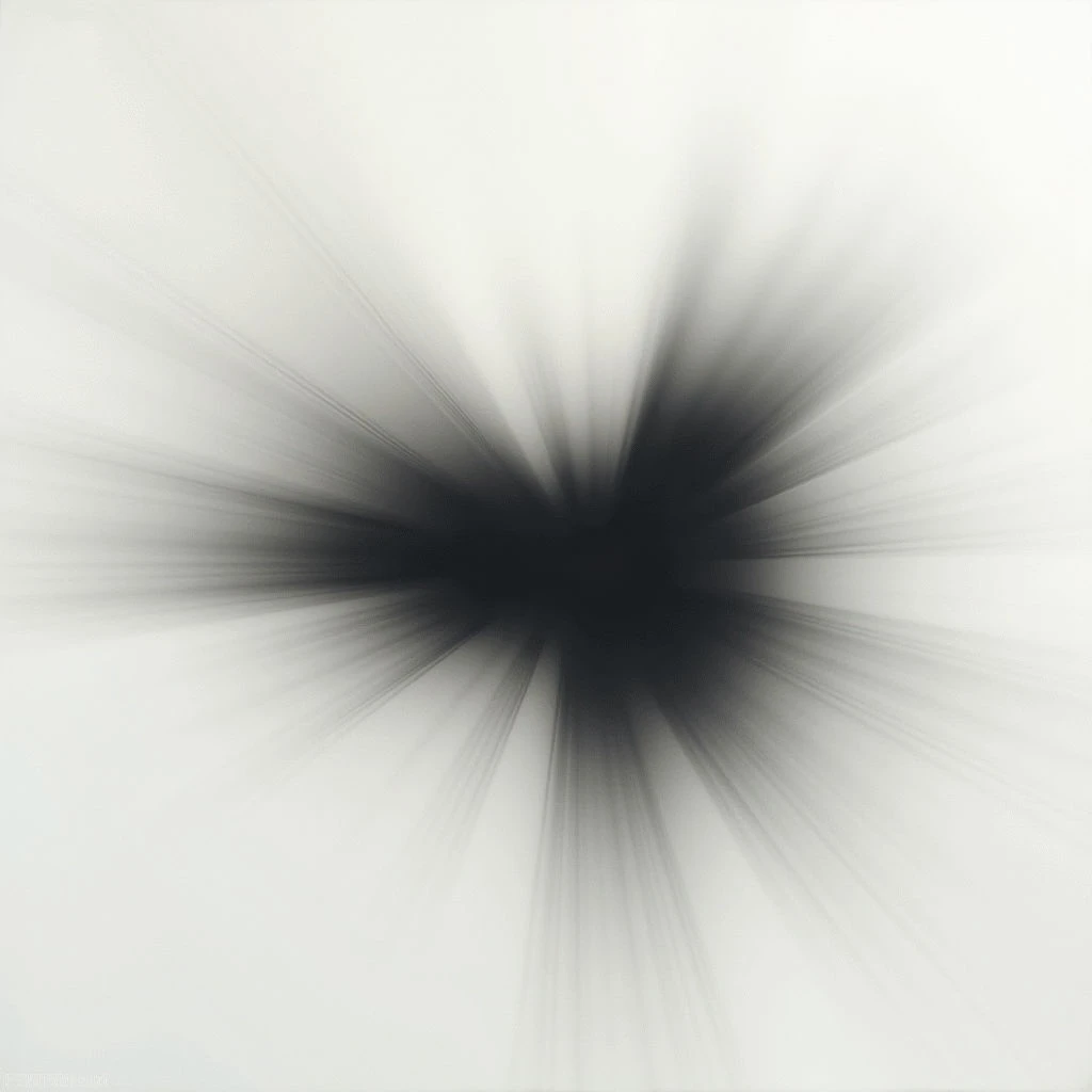 A dark, central void dominates the composition, surrounded by radiating streaks of gray that gradually fade into a bright white background. The effect suggests an explosion or intense force emanating from a single point. It’s a stark contrast between darkness and light with a strong sense of movement.