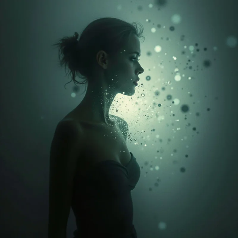A woman is shown in profile, her form partially dissolving into a cloud of glowing particles. The light seems to be emanating *from* within her chest and head, creating a bright contrast against the darker silhouette of her body. It evokes a sense of fragmentation or transformation, as if she is fading away or becoming something else entirely.