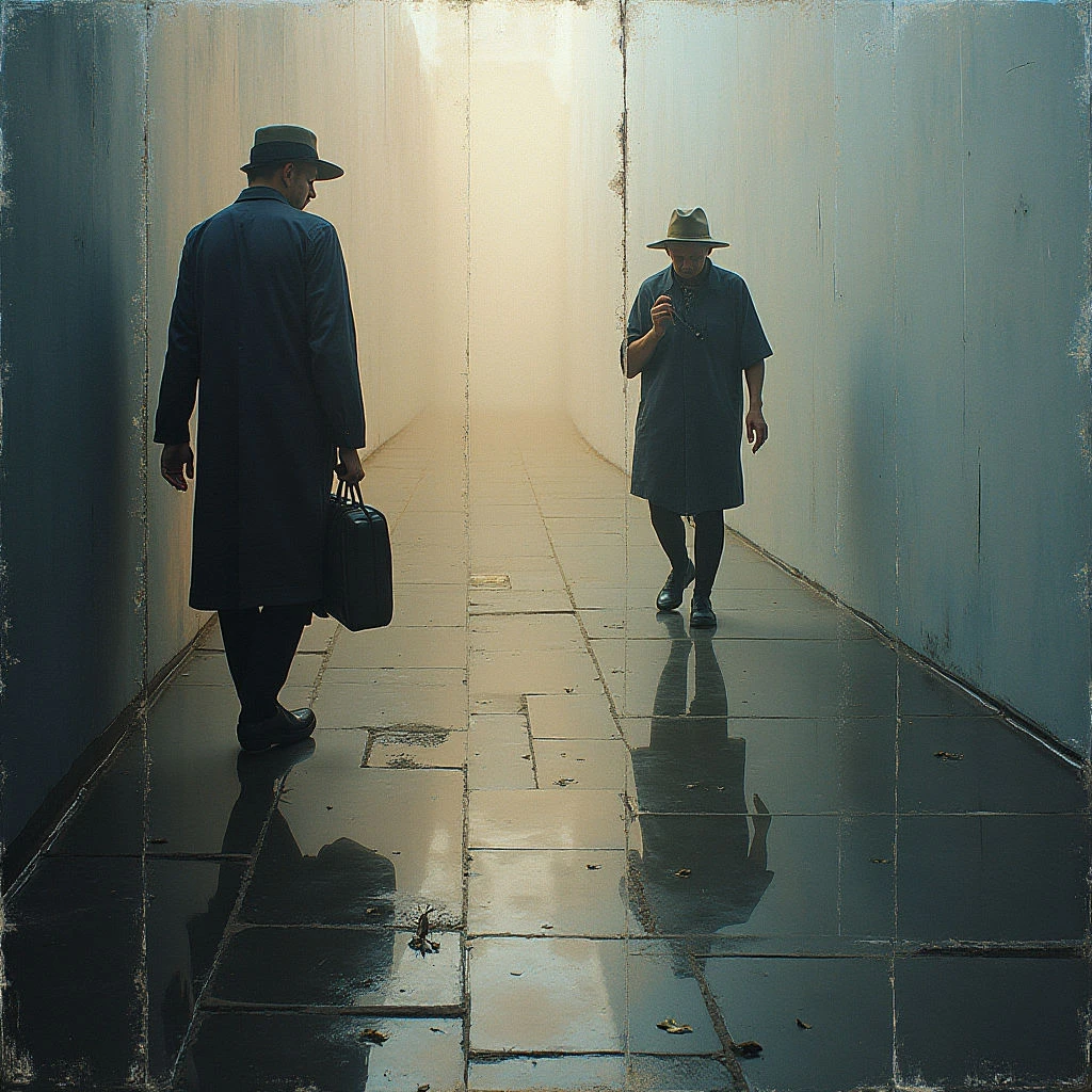 Two men in coats and hats walk away from each other down a long, narrow corridor with smooth grey walls and a tiled floor. Light streams in from the distant end of the hallway, illuminating dust motes and casting long shadows behind them. One man carries a briefcase while the other seems to be examining something in his hand.