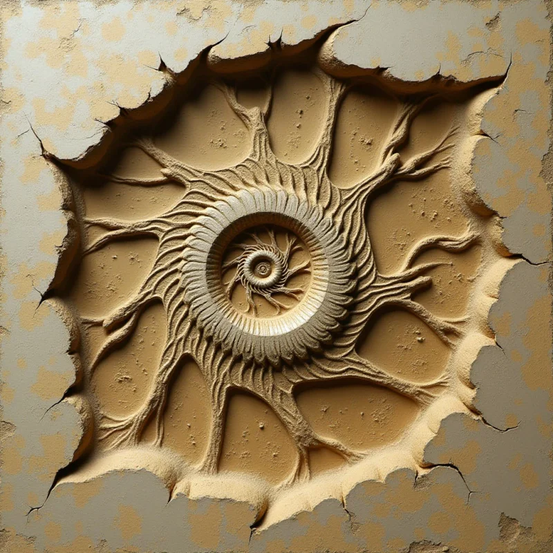 A central, spiraling circular form with ribbed textures radiates outward through a series of organic, vein-like extensions into a recessed area. The composition uses monochromatic tones of tan and beige, characterized by grainy, sandy textures and deep shadows within the crevices. A jagged, irregular border separates the textured interior from a smoother, cracked surrounding surface.