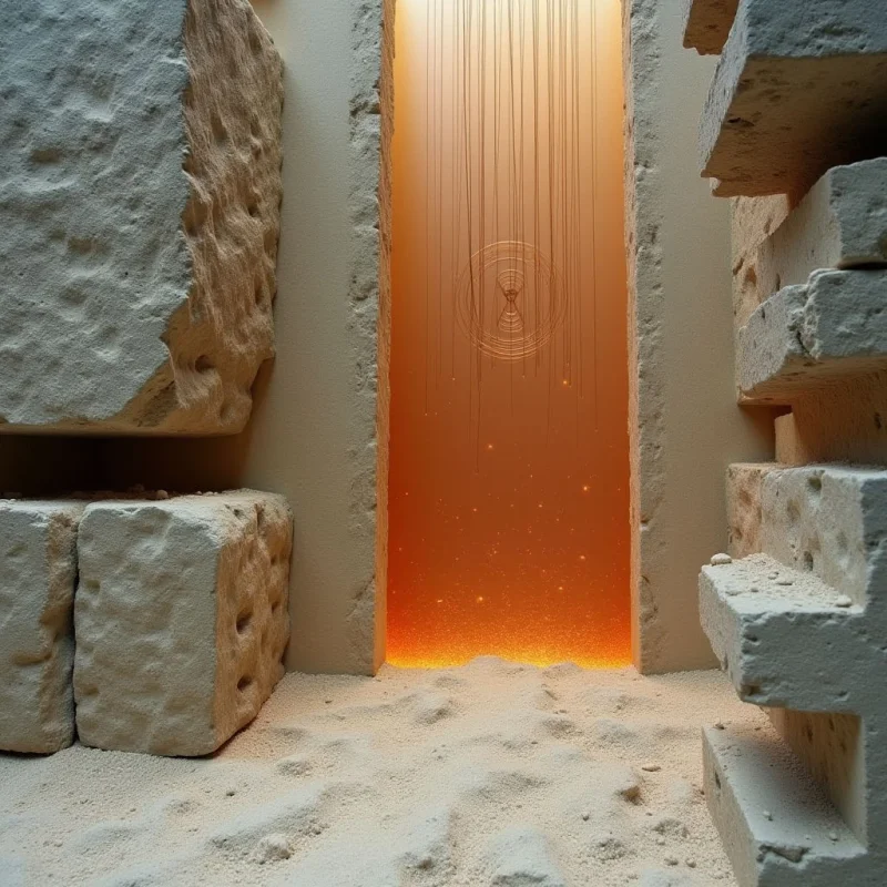 Large, textured stone blocks in pale cream tones frame a central vertical opening filled with glowing orange light and fine suspended particles. Thin, dark vertical lines descend from the top of the frame toward a circular ripple pattern within the warm, luminous void. The composition creates a sense of depth through the contrast between the heavy, tactile foreground structures and the ethereal, brightly lit space beyond.