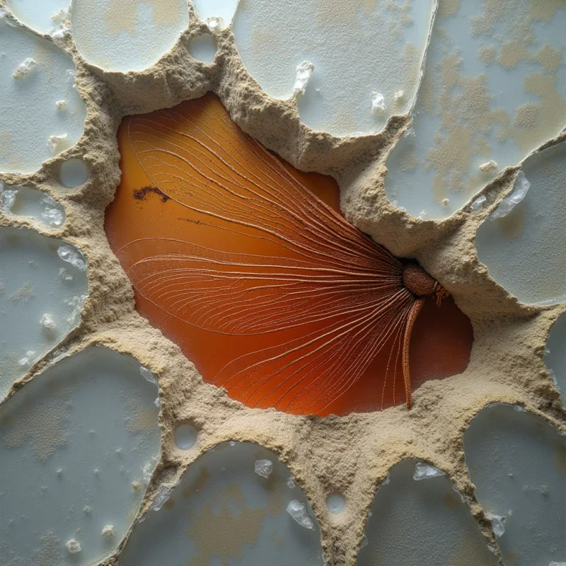 A central, deep orange cavity with a fine, radiating linear texture is surrounded by thick, beige, granular ridges. These ridges separate irregular, pale blue-grey shapes that possess a smooth, semi-translucent appearance. Light appears diffused across the matte textures of the beige borders and the soft sheen of the surrounding cool-toned surfaces.