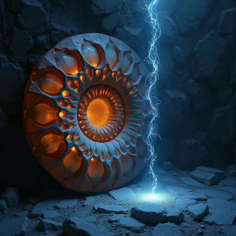 A large, circular stone disc with intricate floral carvings glows with a warm orange light from within its deep recesses. A bright blue bolt of lightning strikes vertically through the scene, contrasting against the dark, rugged textures of the surrounding rocky cavern. The composition centers on the luminous disk, which sits nestled amidst jagged, shadowed stones and uneven terrain.