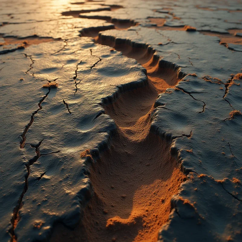 A deep fissure cuts through a dark, textured landscape of cracked earth, revealing fine orange sand within its depths. Warm, low-angled light casts long shadows and highlights the rough, uneven surfaces of the parched ground. The composition follows the winding path of the crevice as it recedes into a soft, brightly lit background.