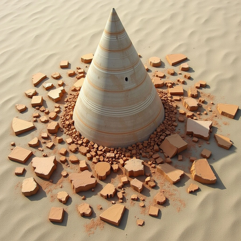 The scene is dominated by a pale gray conical form rising from a beige, undulating surface. Scattered around its base are irregularly shaped fragments of terracotta material, contrasting with the smoother cone and textured ground. Light appears to come from above and slightly to the right, casting soft shadows and highlighting the subtle curves of both the cone and the surrounding terrain.