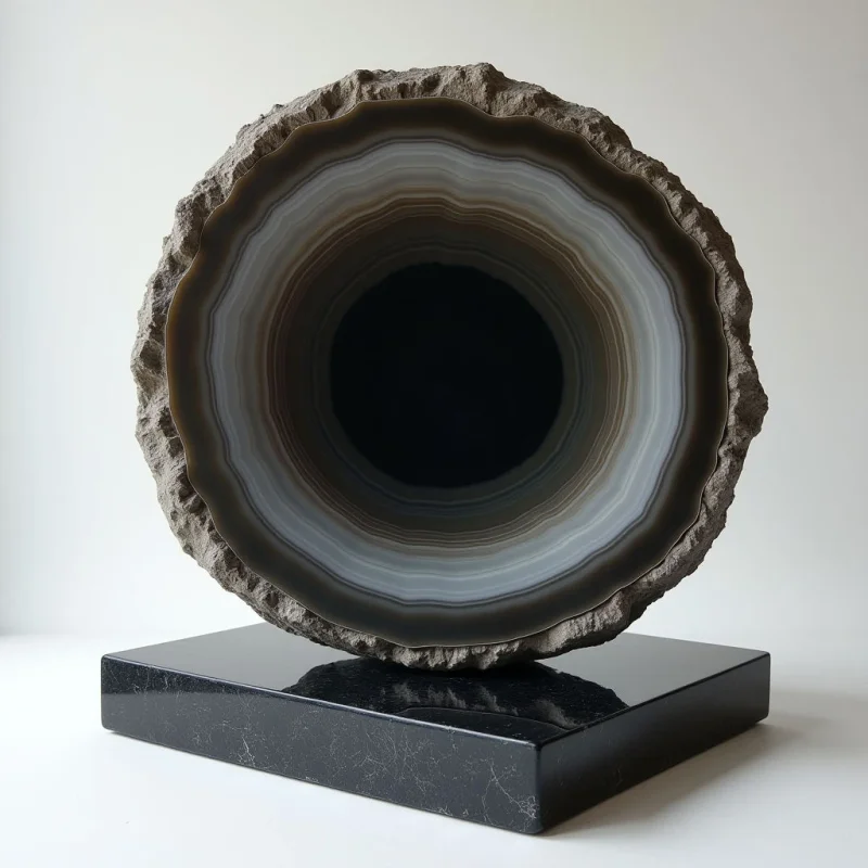 The image features a roughly circular form composed of layered bands in shades of gray and brown, transitioning to darker tones towards the center. This central element rests on a smooth, dark rectangular base with subtle white veining. Light appears diffused, creating soft highlights on the curved surfaces and reflections on the polished base, while the backdrop is a neutral off-white tone.
