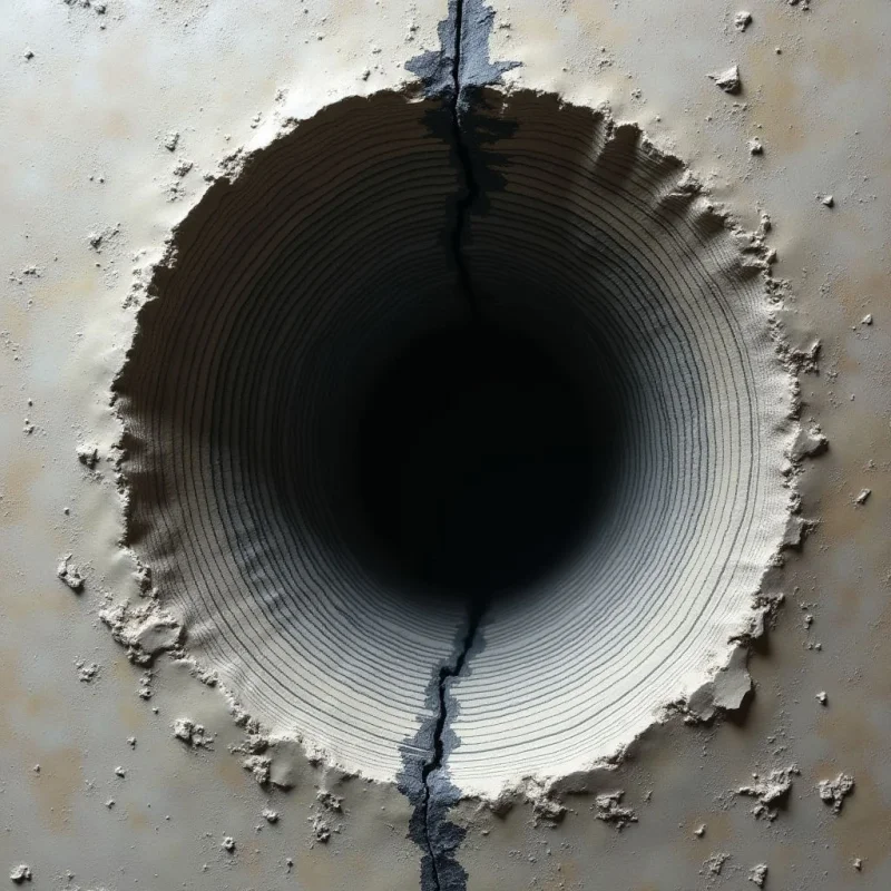 A large, circular hole with jagged, crumbling edges dominates a beige, textured surface. Concentric ridges line the interior of the dark void, which is bisected by a vertical crack extending through the center. Light falls unevenly across the rough, granular textures and the deep shadows within the opening.