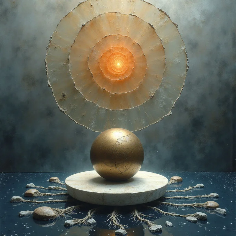 The image features a central golden sphere resting on a circular stone base, with a layered, concentric disc extending upwards from behind it. Colors are primarily muted golds and browns contrasted against a dark gray background, while textures range from smooth polished surfaces to rough, fragmented edges. Light emanates intensely from the center of the disc and reflects off the sphere, creating a sense of depth and drawing attention to the central vertical axis within a shallow spatial arrangement.