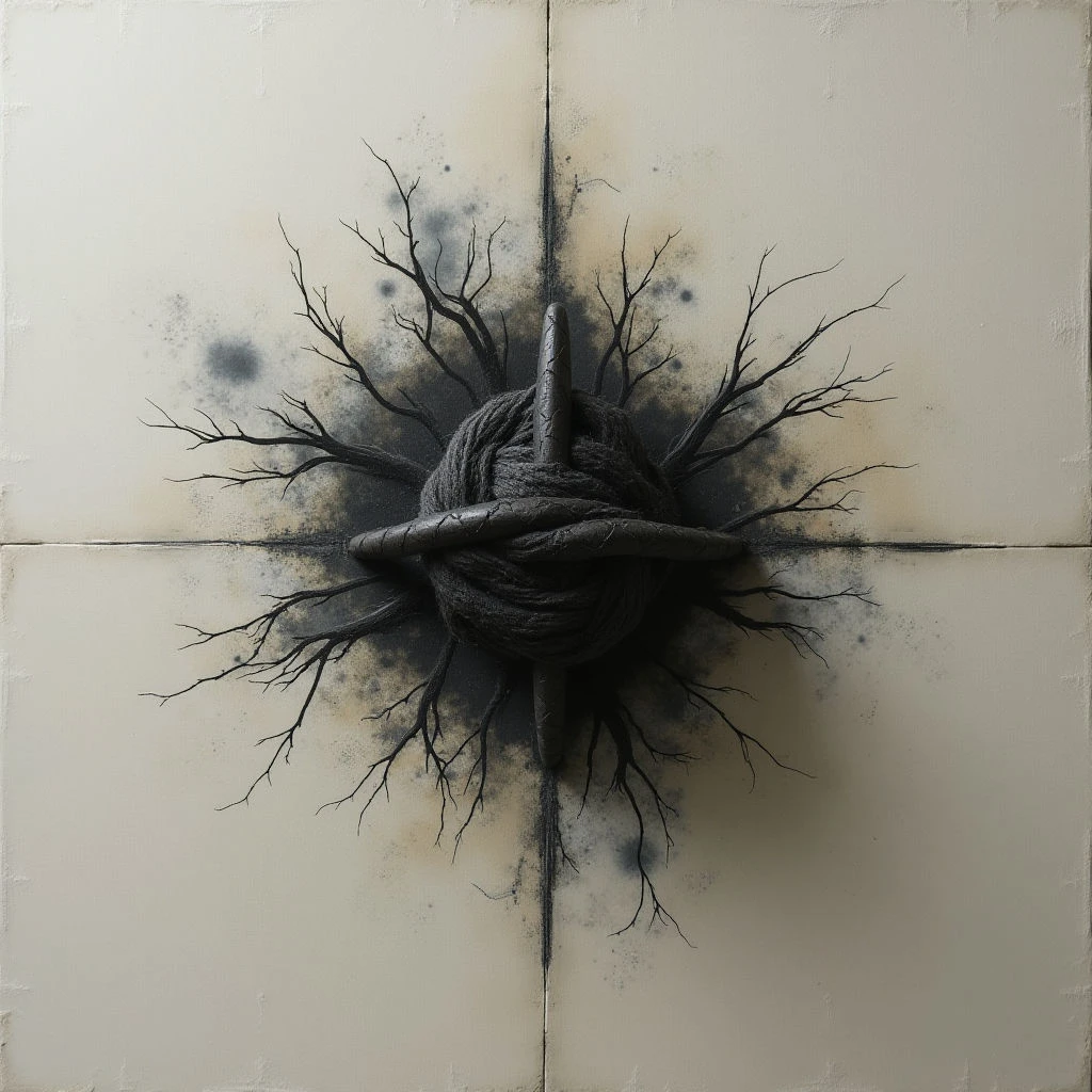 A dark, knotted mass of rope and branches extends outwards from the center of a pale, textured surface divided into four quadrants by faint lines. The shape resembles a distorted heart or seed pod, with shadowy splatters surrounding its form.  The overall impression is organic yet unsettling, like something growing or decaying against a neutral background.
