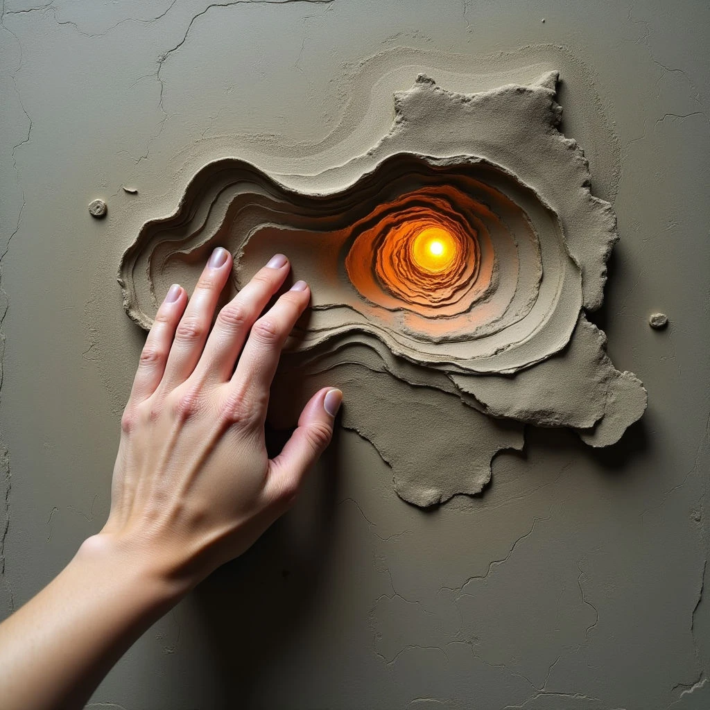 The image features a predominantly muted palette of grays and browns with a central focal point of warm orange and yellow light. A roughly organic, layered shape is carved into a textured gray surface, resembling geological strata or topographic contours, and a hand extends towards it. Light emanates from within the carved form, casting shadows that define its depth and creating a spatial contrast between the raised layers and the flat background.