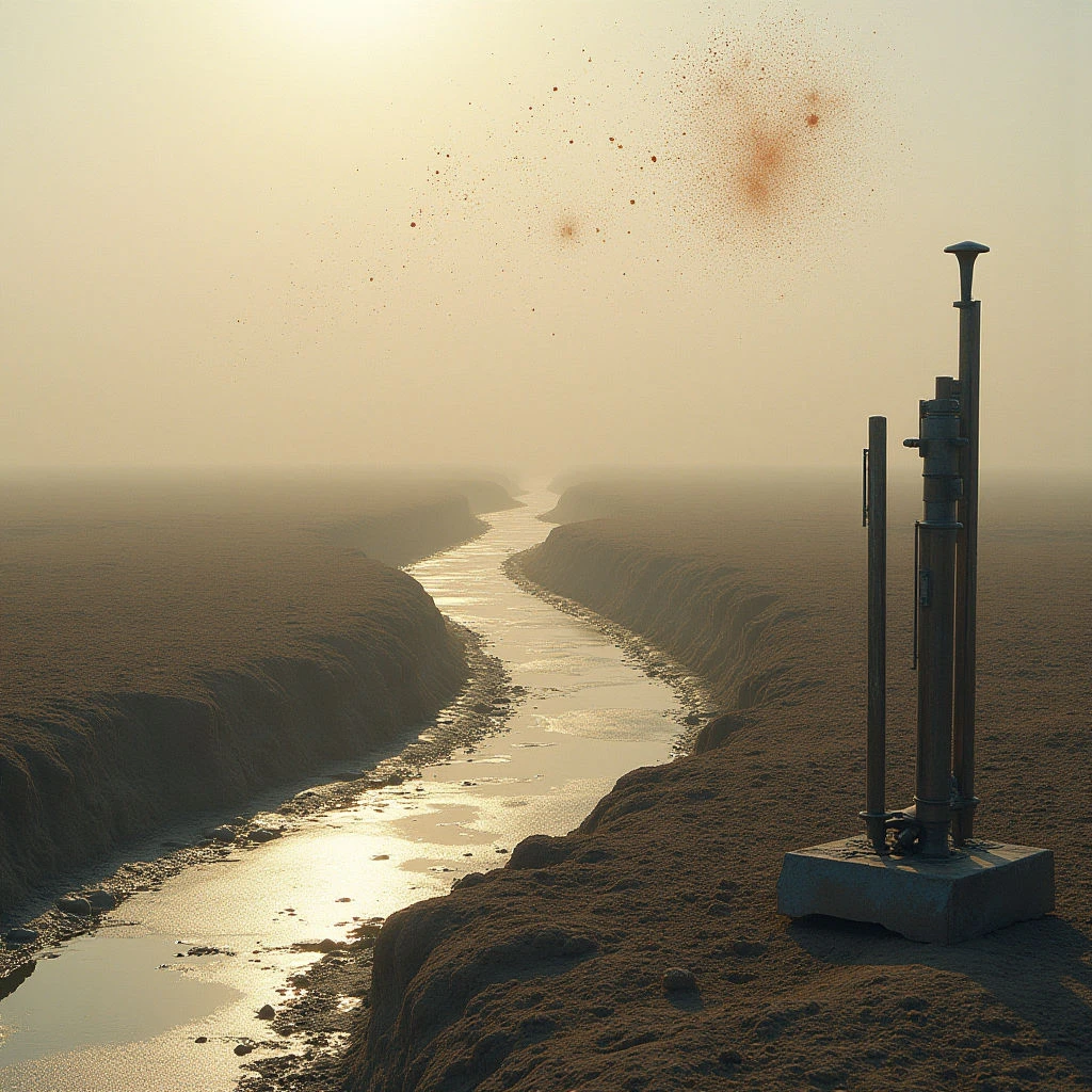 The scene is dominated by warm earth tones—primarily shades of beige, tan, and ochre—with a pale yellow sky suggesting a hazy atmosphere. A narrow waterway cuts through the landscape, reflecting light and contrasting with the rough, undulating texture of the surrounding terrain; to the right stands a metallic structure on a concrete base. Spatial depth is established by the converging lines of the channel receding towards a distant horizon, while a scattering of small dark shapes appears suspended in the air above the center of the composition.