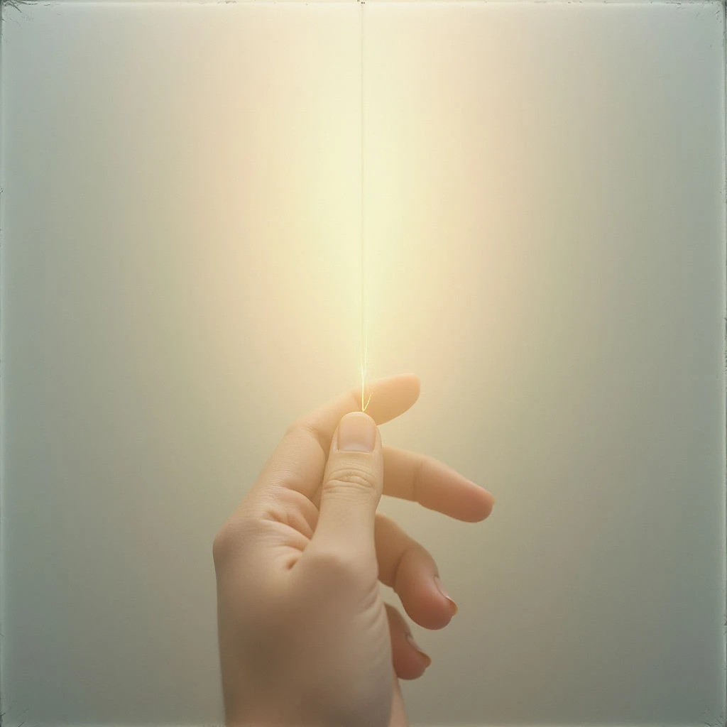 A hand delicately pinches a single, glowing strand of light between its thumb and forefinger. The light extends upwards like a delicate beam against a soft, muted background. It evokes a sense of fragility and focused energy.