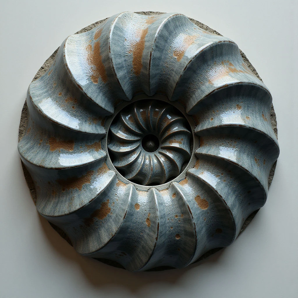 The object is a circular form with repeating, petal-like protrusions radiating from a central, spiraled core. Its surface exhibits a muted palette of gray and brown tones, accented by areas of reflective sheen and rougher, pitted textures. Light falls unevenly across the piece, creating highlights on the curved forms and casting shadows within the recesses, suggesting depth and volume against a light background.
