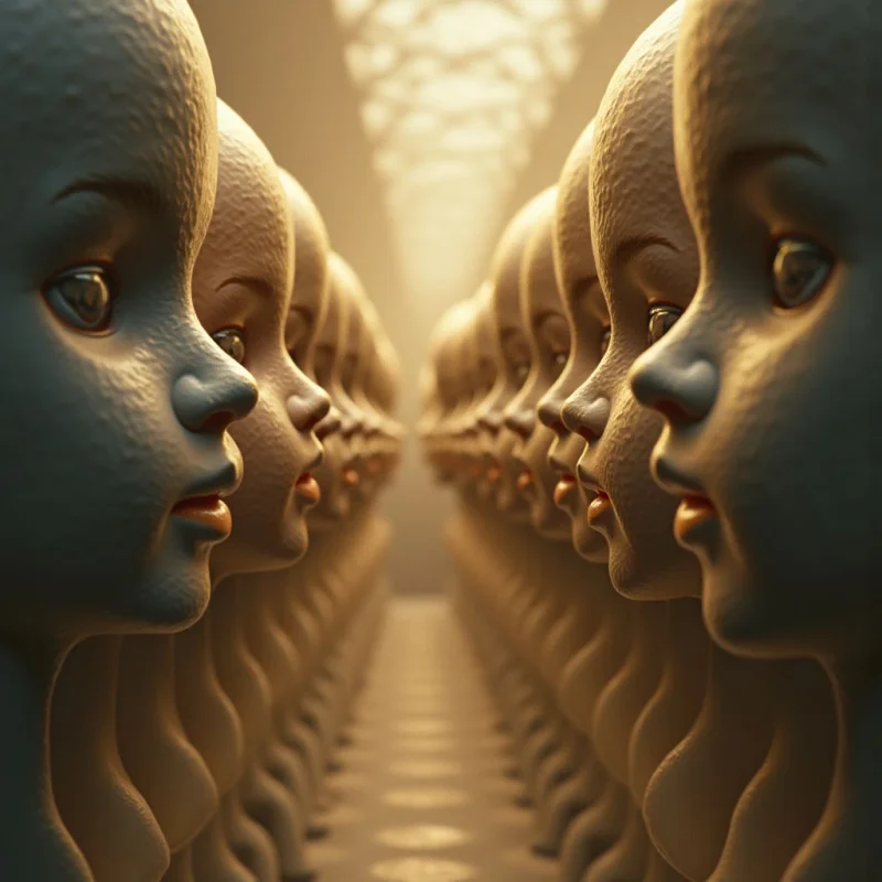 The image depicts rows of identical doll faces receding into a blurred distance, arranged symmetrically along a central vanishing point. Predominant colors are warm earth tones—primarily beige and brown—with subtle variations in shading to suggest form; the eyes offer small points of cool blue contrast. The texture appears smooth but not perfectly uniform, and light sources above create highlights on the faces while casting shadows that emphasize depth within the converging perspective.