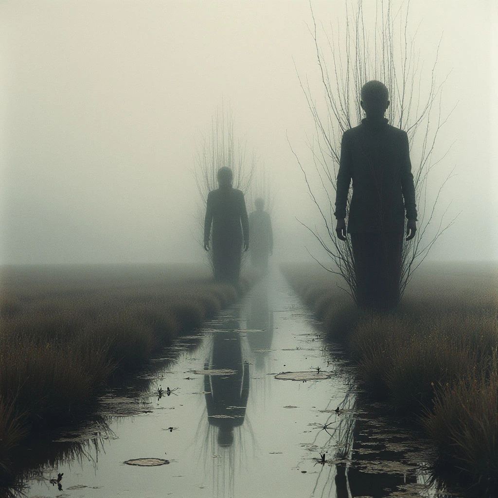 Three silhouetted figures walk along a narrow, waterlogged path through a dense fog. Bare branches frame the figures on either side of the trail, and their reflections shimmer in the standing water. The scene is bleak and quiet, with an overall sense of mystery and isolation.
