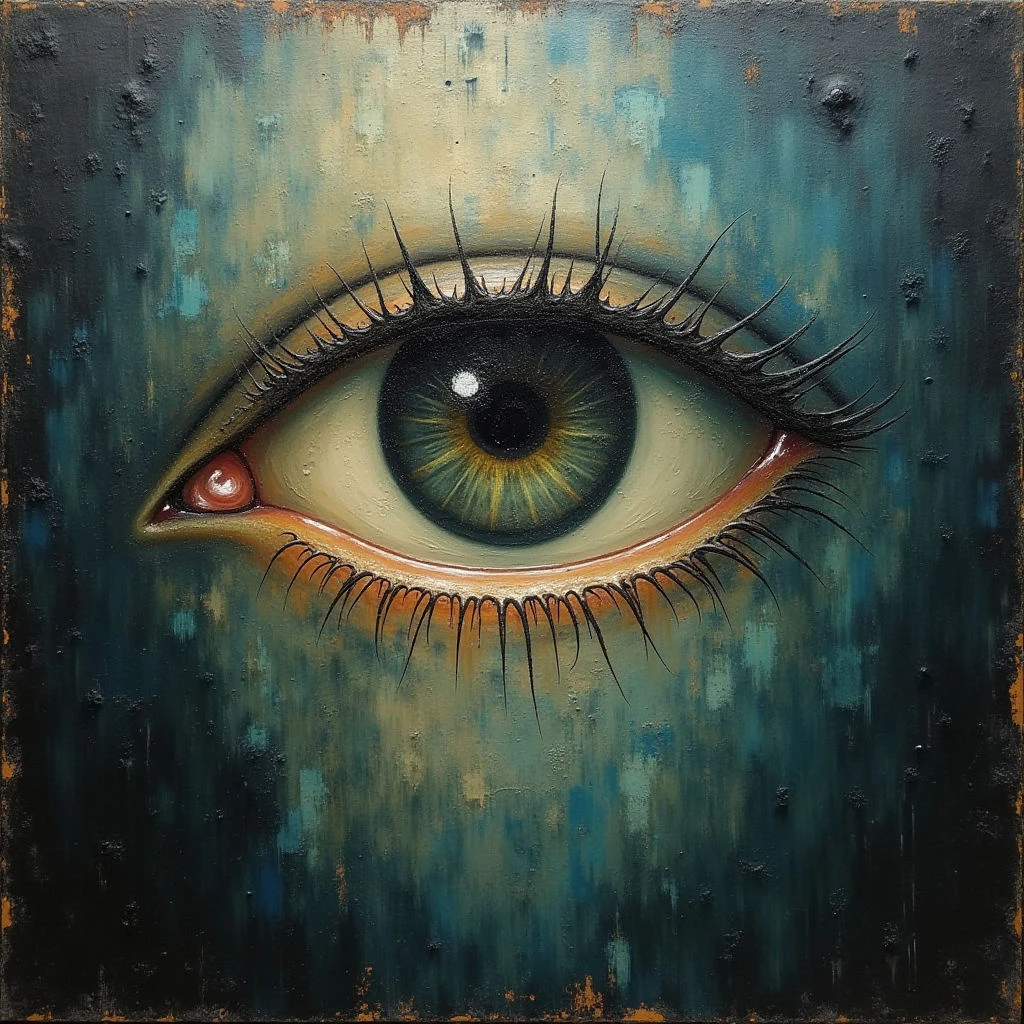 The image centers on a realistically rendered eye against a textured background of dark blues and greens with hints of yellow ochre. The eye itself features gradients from deep teal to pale gold in the iris, contrasted by darker lines defining the pupil and lashes, which appear thick and somewhat spiky. Light seems to originate from the front, highlighting the wetness of the eye while casting subtle shadows within its socket and across the background's uneven surface.