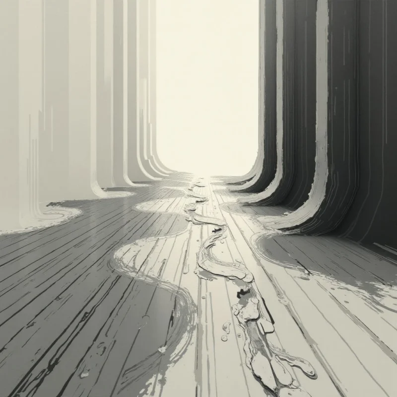 A long, narrow corridor stretches into the distance, defined by tall, curving walls that seem to melt towards a bright light at the far end. The floor is uneven and marked with dark, winding trails resembling water damage or cracks. A sense of isolation and decay pervades the stark, monochrome space.