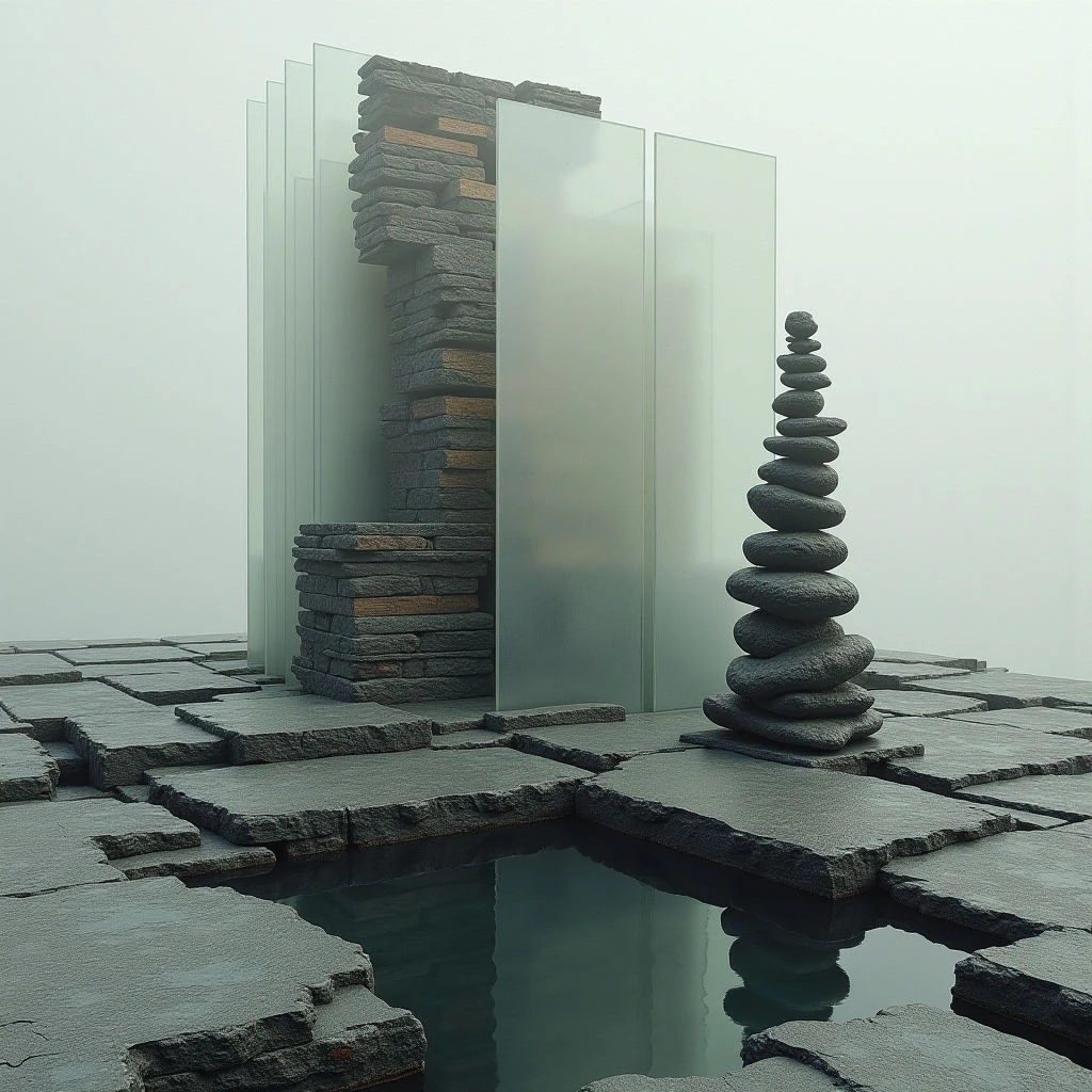 The image presents a muted color palette dominated by grays and browns, with a subtle green reflection in a pool of water. Rough, stacked stone forms a partial wall alongside several transparent planes, contrasting with the smooth, rounded stones carefully balanced into a tall cairn on a fractured platform. Diffuse light creates soft shadows and a hazy atmosphere, obscuring any distinct background and emphasizing spatial relationships between the solid structures and reflective surface below.