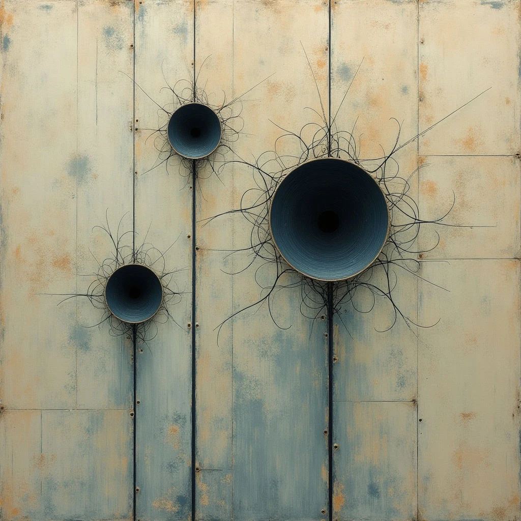 The image features a pale beige and blue surface with a heavily textured, distressed appearance resembling aged metal panels. Three dark, circular openings are positioned vertically across the composition, each surrounded by radiating strands of thin, dark material. Light appears diffused, casting subtle shadows and highlighting variations in the surface texture and the depth created by the protruding circles.