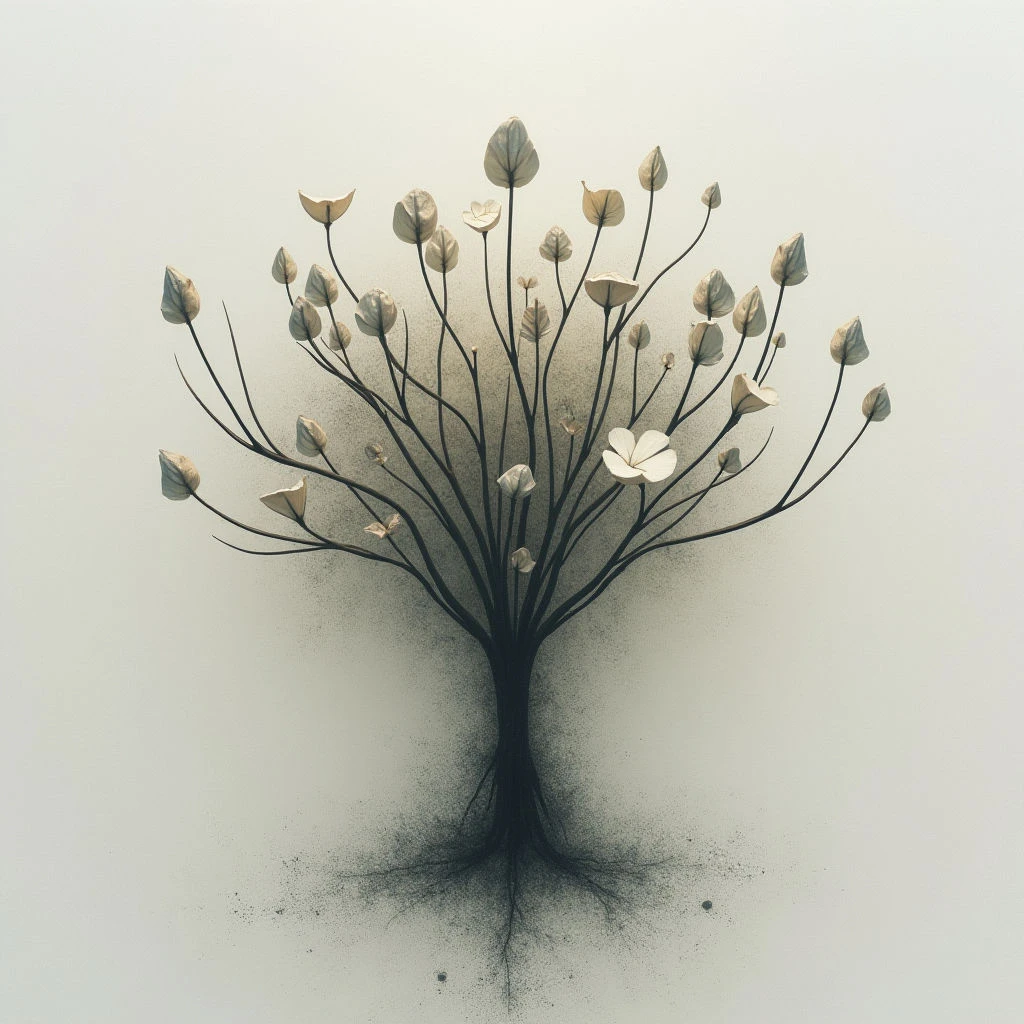 A stylized tree with dark, twisting branches and delicate leaves stands against a pale background. The leaves transition from golden hues at the tips to silvery tones closer to the trunk, suggesting a fading or ethereal quality. Fine particles drift around the base of the roots, giving the impression of dust or decay.