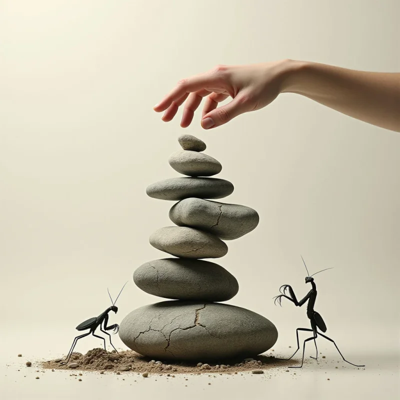 The image features a stack of seven grey stones balanced on a larger, textured base stone, with a human hand poised above the topmost stone. Two dark, spindly insects flank the base, standing on a patch of coarse sand against a pale neutral background. Soft light illuminates the scene, creating subtle shadows and highlighting the varied textures of the stones, hand, and insects while defining spatial relationships between them.