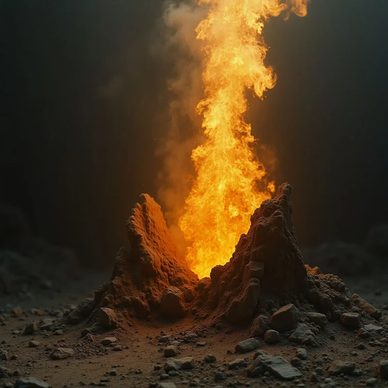 A vertical column of bright orange and yellow flames rises from a central crevice between dark, jagged rock formations. The rough, granular texture of the earth and stones contrasts with the fluid, wispy appearance of the rising smoke and fire. A dim, monochromatic background creates depth, making the illuminated center appear to glow against the surrounding shadows.