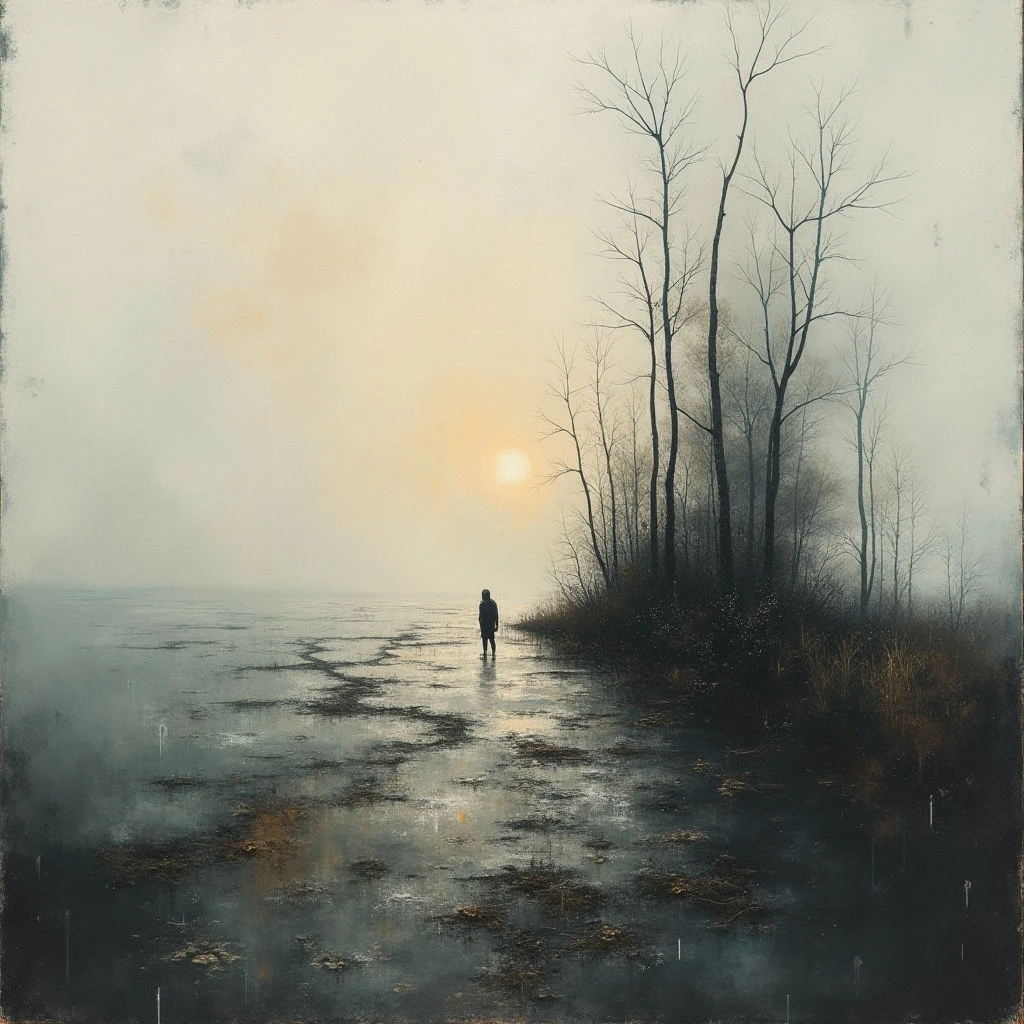 A lone figure stands on a muddy, flooded path leading towards a hazy sunset. Bare trees line the edge of the water, their dark silhouettes contrasting with the pale sky and reflective ground. The scene evokes a sense of quiet solitude and melancholy.