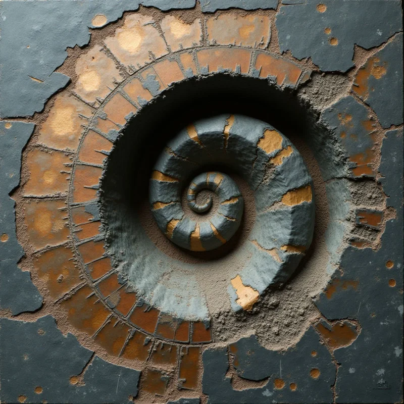 A central grey spiral with golden segments is embedded within a textured, dark charcoal surface featuring jagged, irregular openings. The composition transitions from smooth, rounded forms in the center to coarse, granular textures and sharp-edged cracks around the periphery. Warm ochre tones contrast against cool slate greys, with light highlighting the raised ridges of the spiral and the rough edges of the surrounding crater.