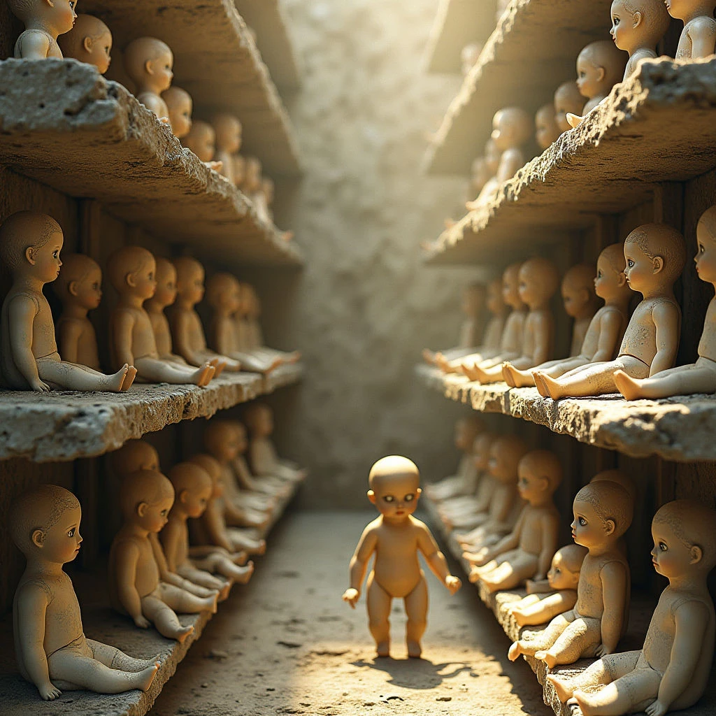 The image depicts a narrow corridor lined with rows of pale dolls seated on rough stone shelves. Warm, golden light illuminates the central pathway and highlights the smooth plastic texture of the dolls’ faces and limbs, contrasting with the grainy appearance of the surrounding stonework. The composition emphasizes symmetry as the dolls face inward towards a single doll positioned in the foreground along the vanishing point of the path.