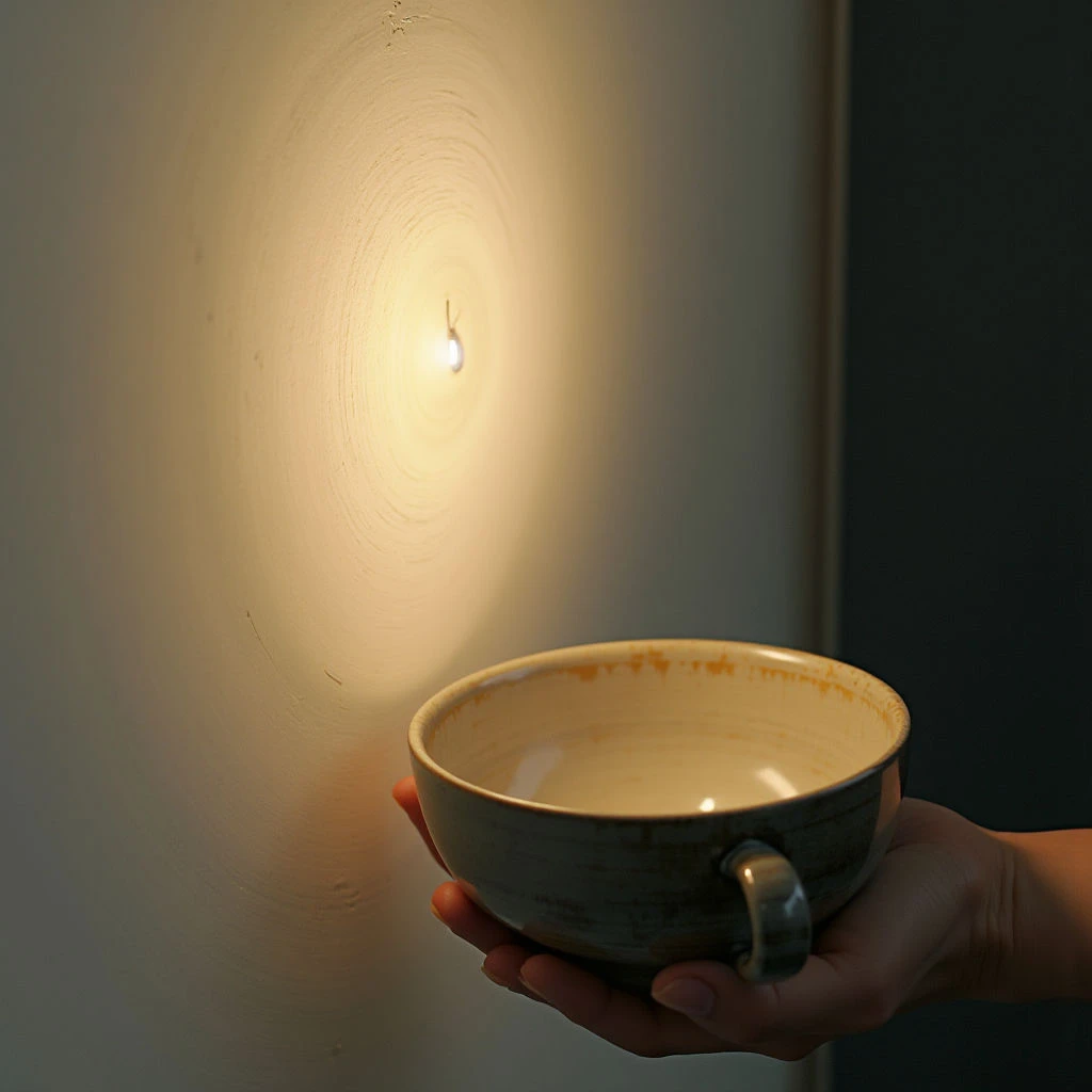 A hand holds a wide, shallow bowl filled with a milky liquid, catching the light from a small bulb above. The warm glow illuminates the wall behind it, creating concentric circles of brightness around the source. The scene is dimly lit and feels quiet and contemplative.