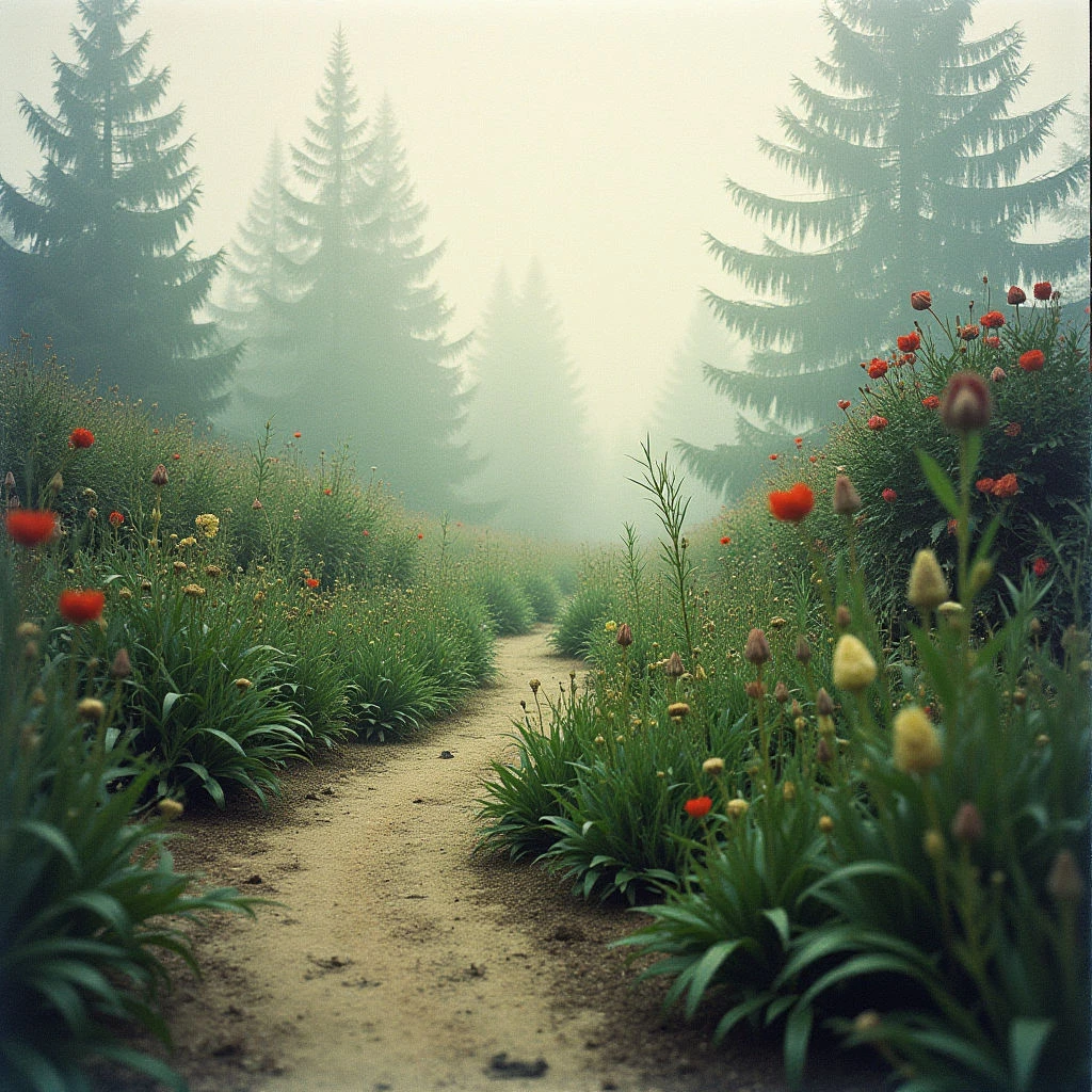 A sandy path winds through a dense garden filled with colorful wildflowers and lush greenery. Tall evergreen trees loom in the background, shrouded by a thick fog that creates a soft, dreamlike atmosphere. The scene feels quiet and secluded, inviting exploration deeper into the misty landscape.
