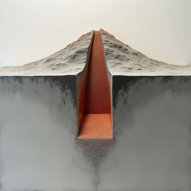 The image depicts a cross-section of layered materials, primarily consisting of gray and reddish-brown granular substances. A central vertical channel of the reddish-brown material cuts through layers of gray, extending from the top surface down into a deeper, similarly gray expanse below. The textures appear rough and particulate, with soft mounds forming above the channel and smoother, more compacted areas in the lower sections; light is evenly distributed across the scene, minimizing strong shadows and highlighting the differences in color and texture between the layers.
