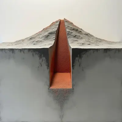 The image depicts a cross-section of layered materials, primarily consisting of gray and reddish-brown granular substances. A central vertical channel of the reddish-brown material cuts through layers of gray, extending from the top surface down into a deeper, similarly gray expanse below. The textures appear rough and particulate, with soft mounds forming above the channel and smoother, more compacted areas in the lower sections; light is evenly distributed across the scene, minimizing strong shadows and highlighting the differences in color and texture between the layers.