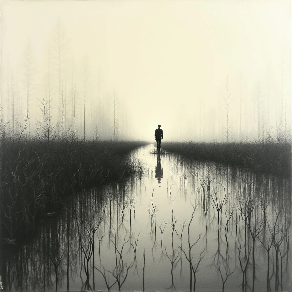A lone figure walks along a narrow path through a flooded, desolate landscape. Bare trees line both sides of the water, their reflections mirroring in the still surface and creating an eerie symmetry. A thick fog obscures everything beyond the immediate surroundings, lending a sense of isolation to the scene.