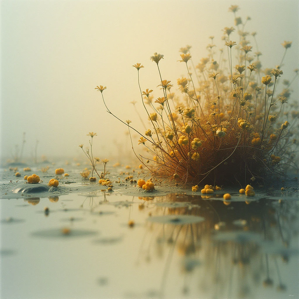 Small yellow flowers cluster together in a marshy, reflective landscape bathed in soft, golden light. The plants rise from dark mud and shallow water, their blooms scattered across the surface with mirrored images below. A hazy mist softens the background, creating a serene and dreamlike atmosphere.
